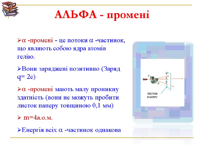 АЛЬФА - промені  -промені - це потоки  -частинок, що являють собою ядра